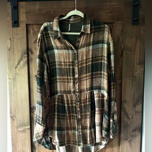 Free People Plaid Button Down Flannel with Pockets and Bell Cuffs